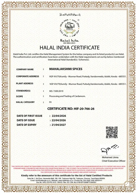 Halal India certificate for Mahalakshmi Spices