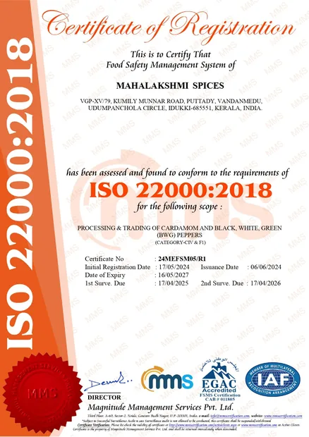 ISO 22000:2018 certificate of registration for Mahalakshmi Spices