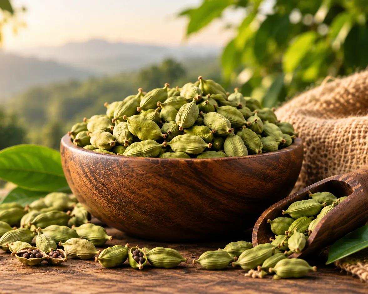 Wooden bowl and scoop of green cardamom pods on a table, with the Western Ghats hills behind