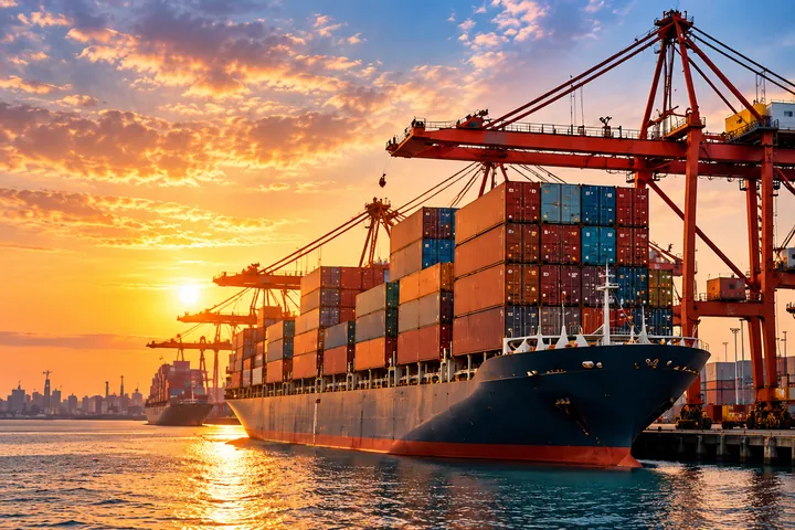 Container ship at a port at sunset