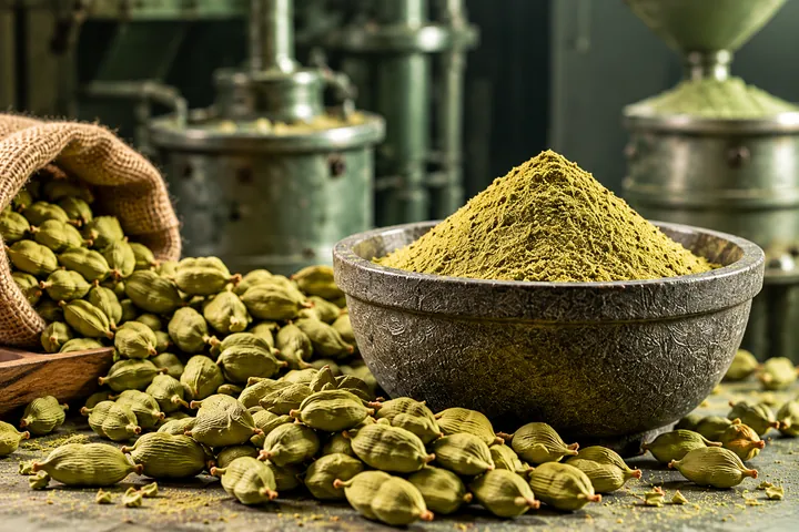 Ground cardamom and pods at a spice mill