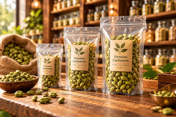 Retail cardamom packs on a shop shelf