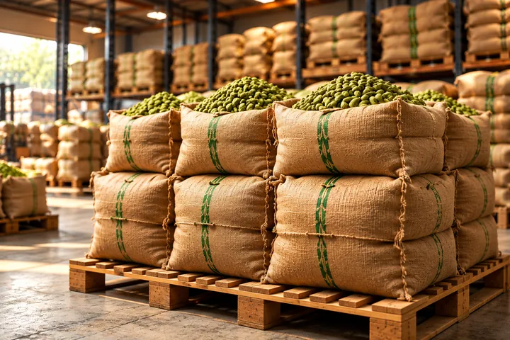Cardamom sacks stacked on pallets in a warehouse