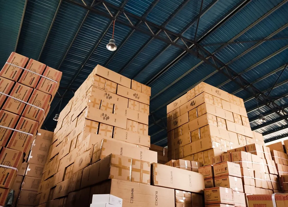 Cartons stacked in a warehouse for shipping