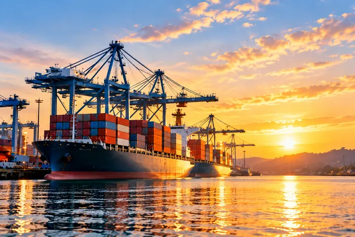Container ship at a port at sunset
