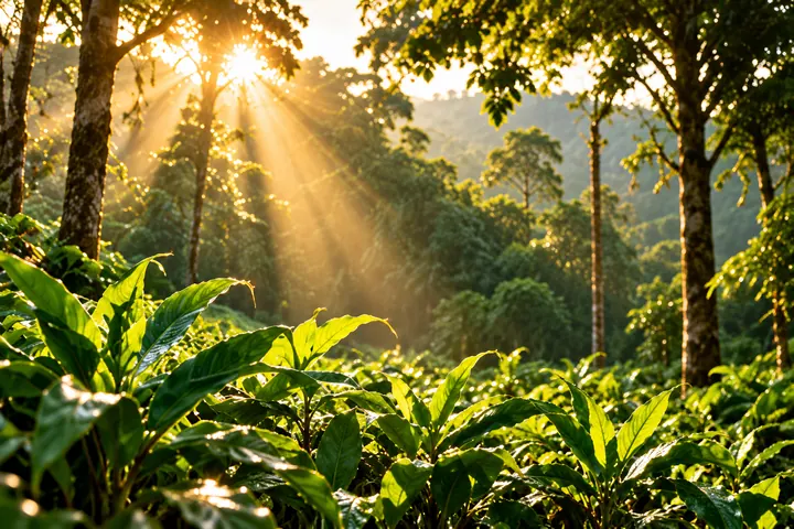 Sunbeams through tall shade trees