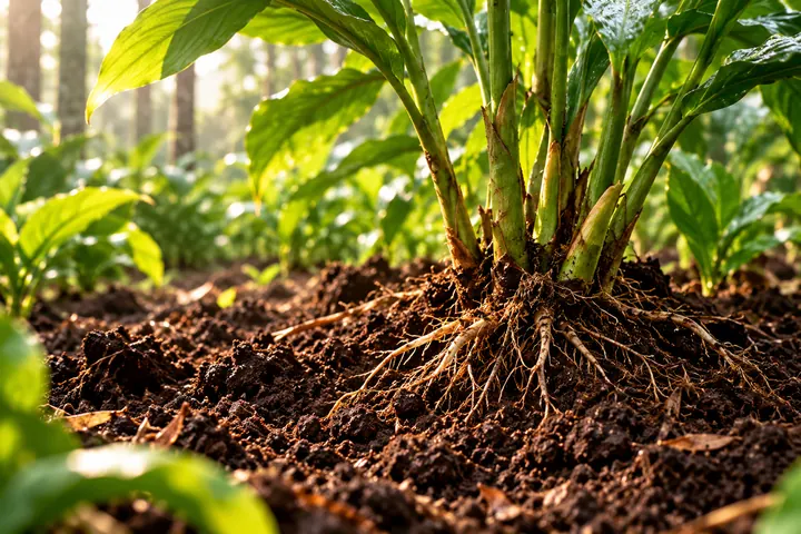 Cardamom roots in dark crumbly soil