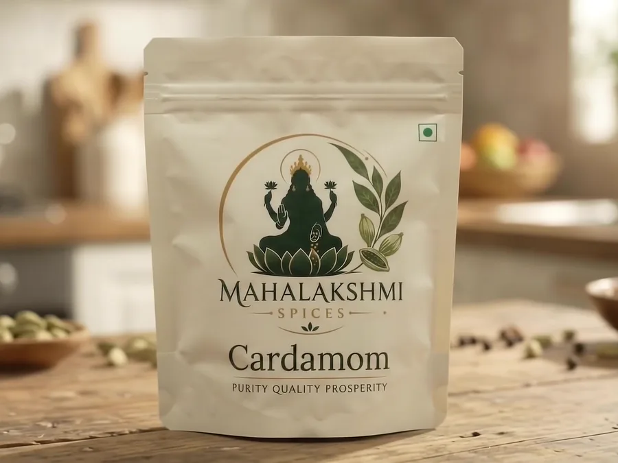 Mahalakshmi Spices retail pouch of green cardamom