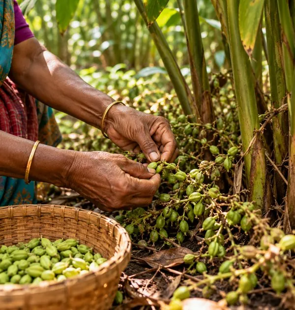 Hand-picking ripe cardamom from the base of the plant
