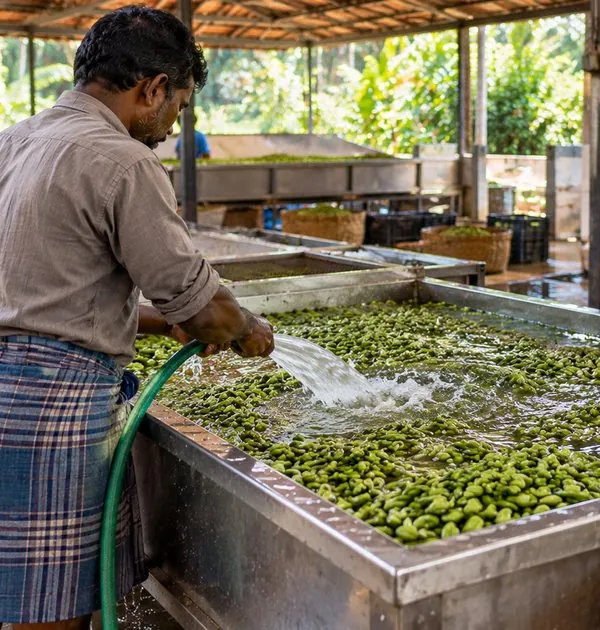 Washing fresh cardamom in a steel tank